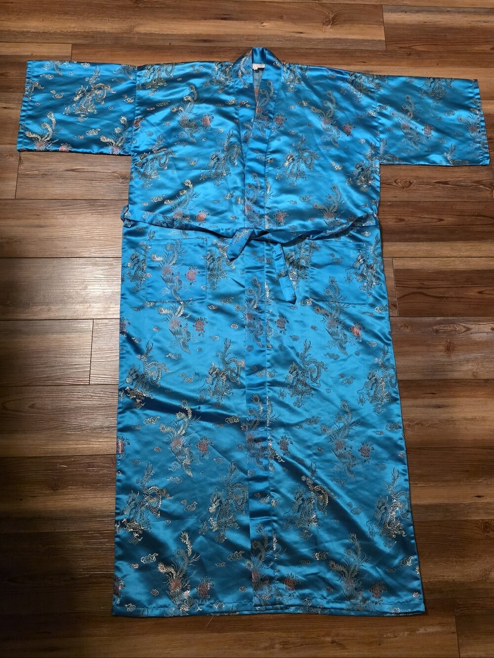 Vintage Golden Dragon Chinese Brocade Kimono Robe XL Turquoise Teal Duster